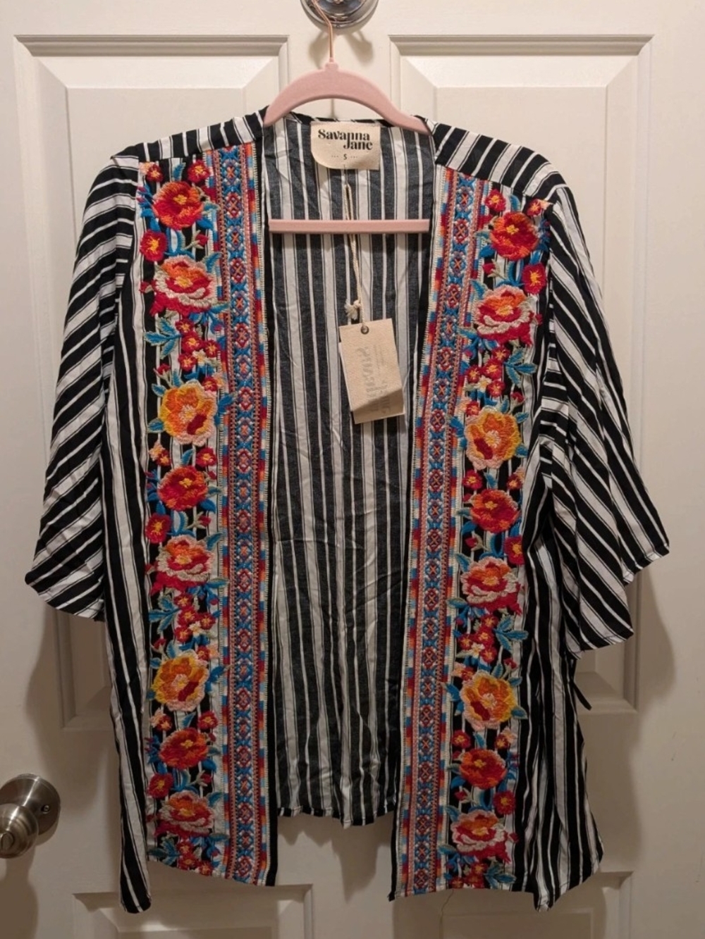 Savanna Jane Black & White Striped Kimono with Vibrant Floral Embroidery